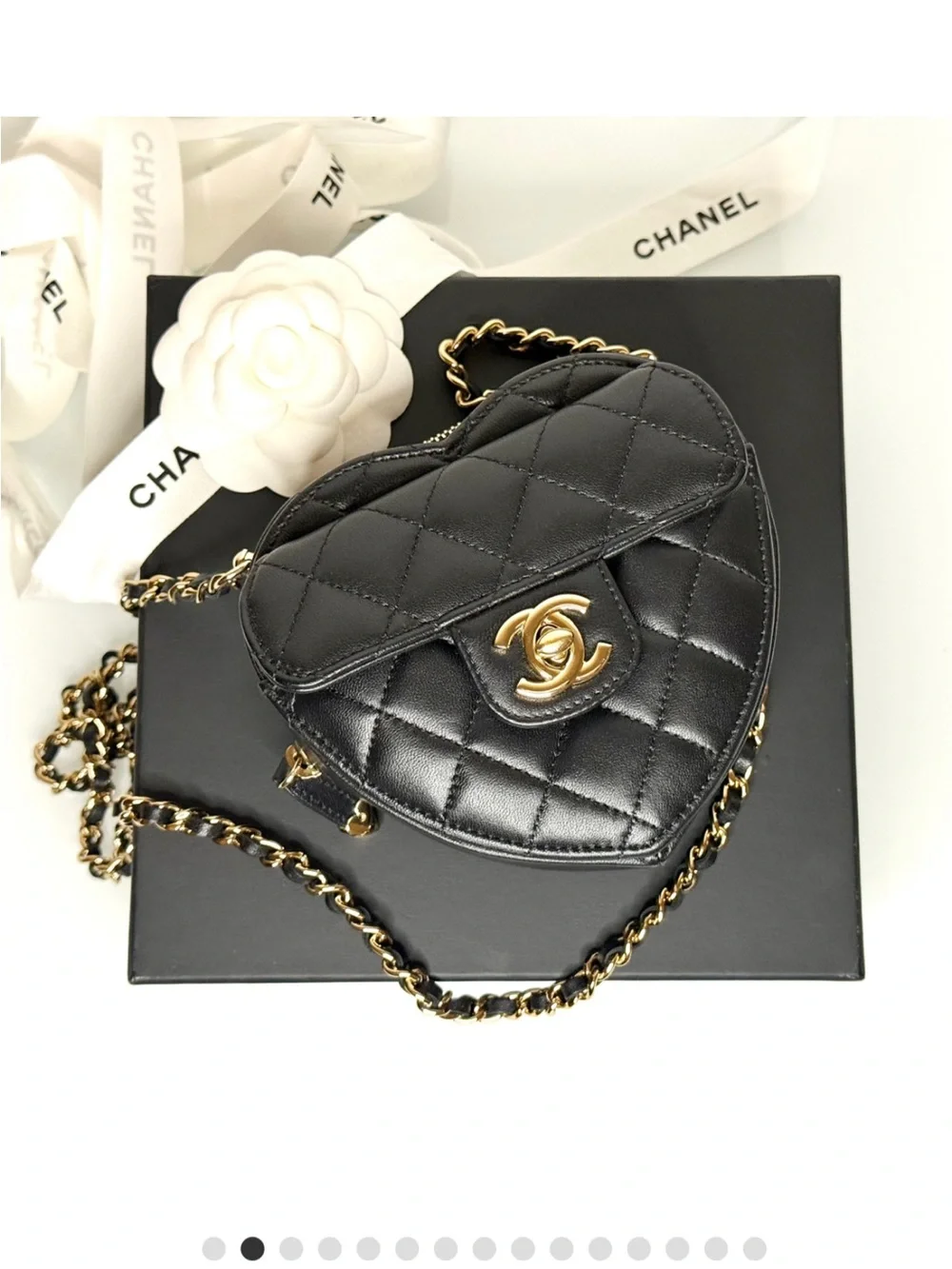 CHANEL Black Quilted Heart-Shaped Crossbody with Gold Hardware